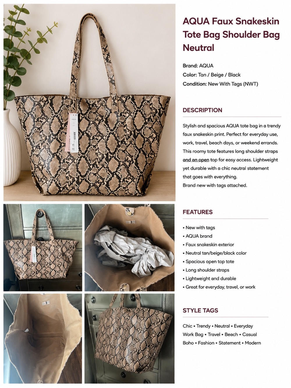 Aqua Neutral Faux Snakeskin Tote in Tan & Black